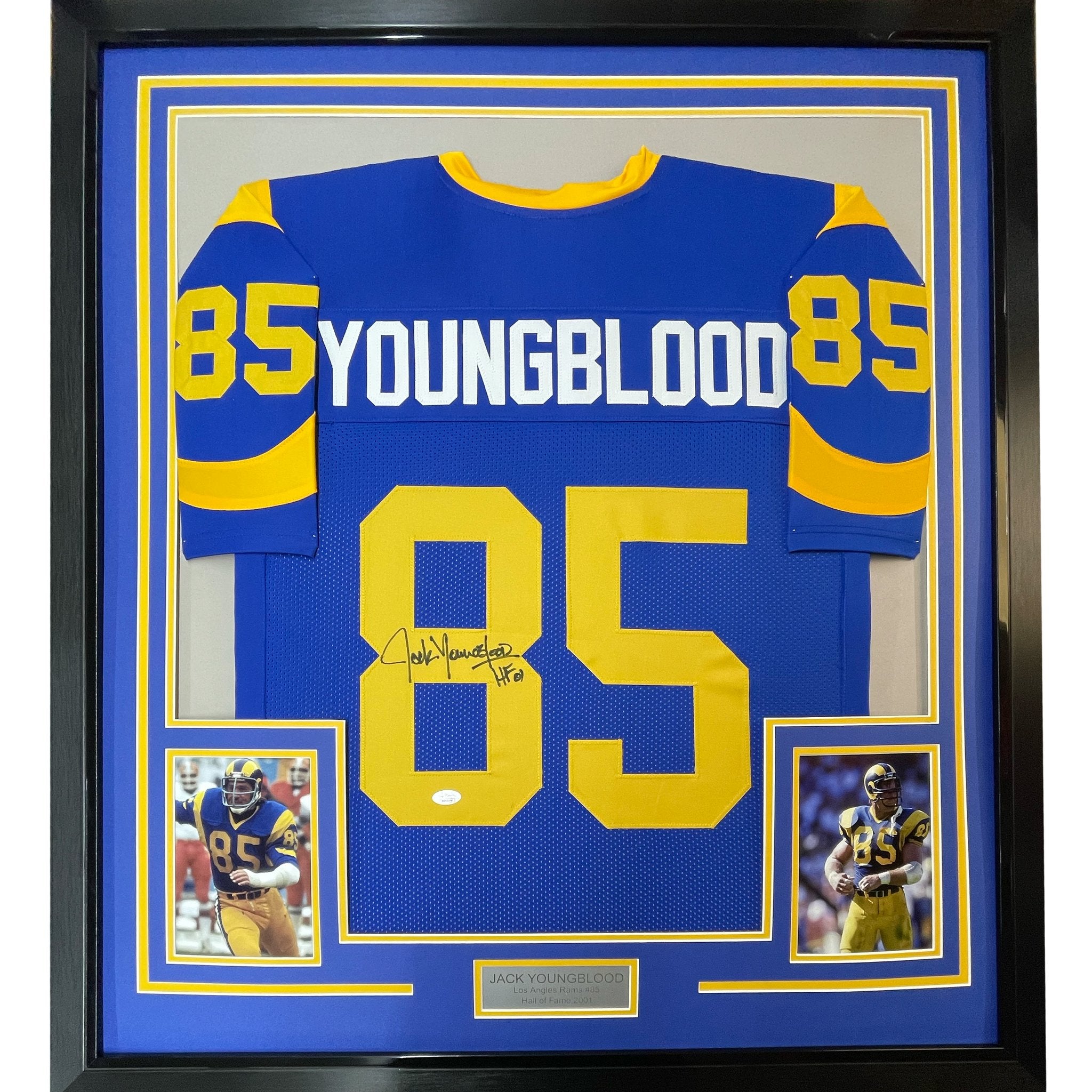 Framed Autographed/Signed Jack Youngblood HOF 01 35x39 Los Angeles LA Blue Football Jersey JSA COA
