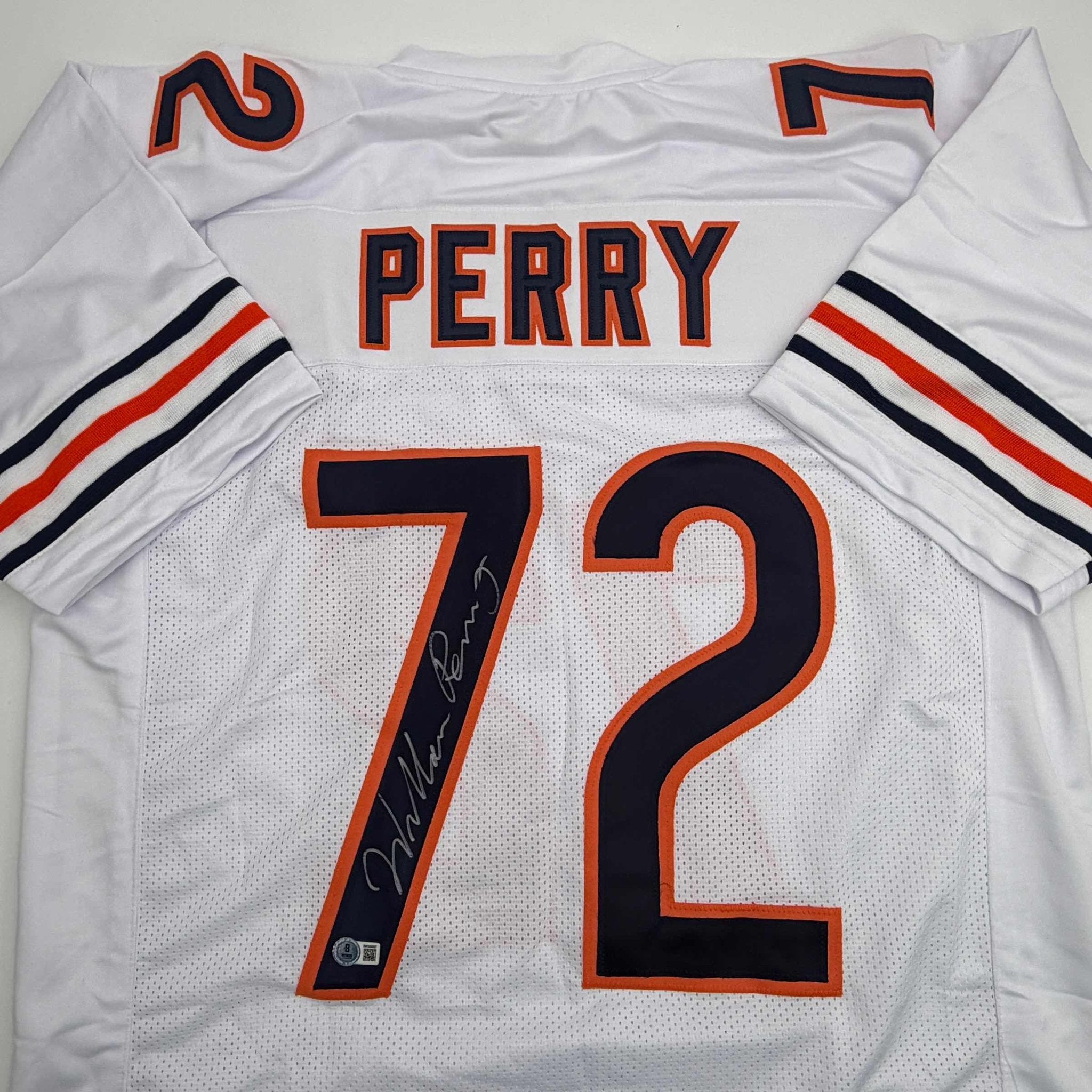 Autographed/Signed William Perry The Refrigerator Chicago White Football Jersey Beckett BAS COA