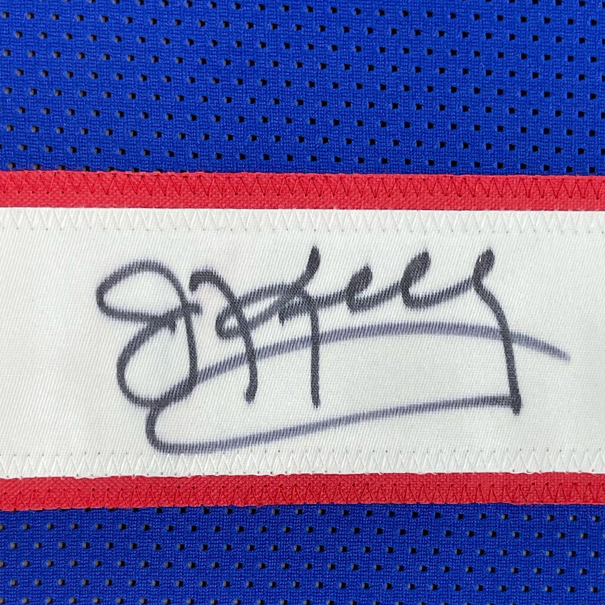 Framed Autographed/Signed Jim Kelly 35x39 Buffalo Blue Football Jersey JSA COA