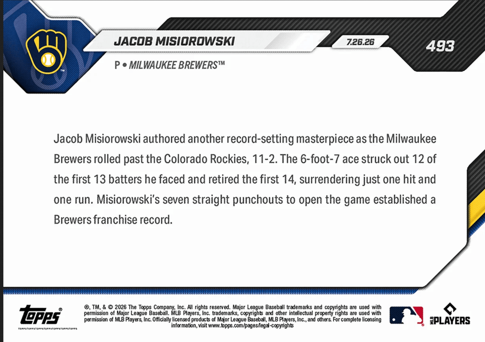2026 Topps Now Jacob Misiorowski #493 Gold Foil /50 7 Straight Ks to Open Game Sets Brewers Record Milwaukee Brewers Rookie RC Baseball Card