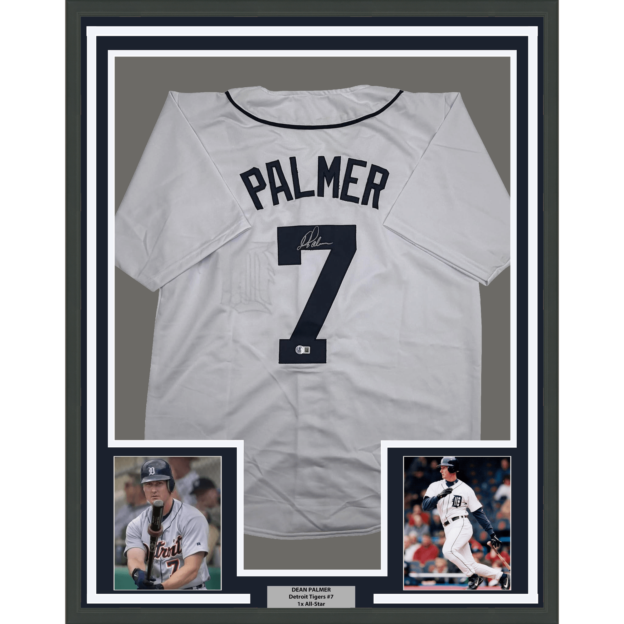 Framed Autographed/Signed Dean Palmer 35x39 Detroit White Baseball Jersey Beckett BAS COA