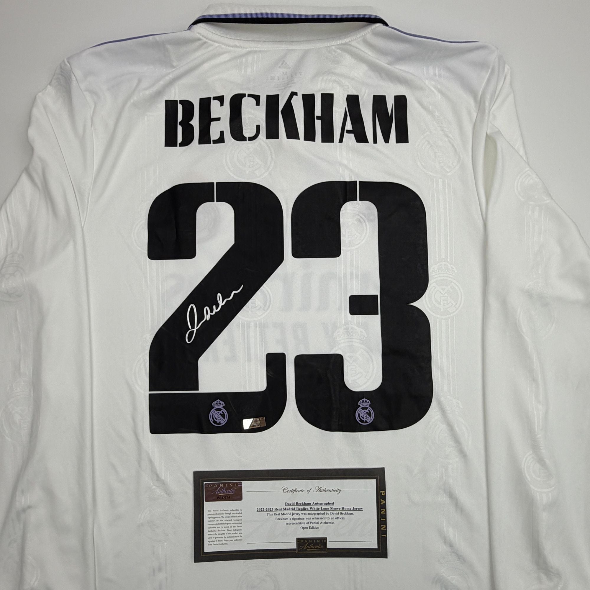 Autographed/Signed David Beckham Real Madrid White Soccer Jersey Panini Authentic COA