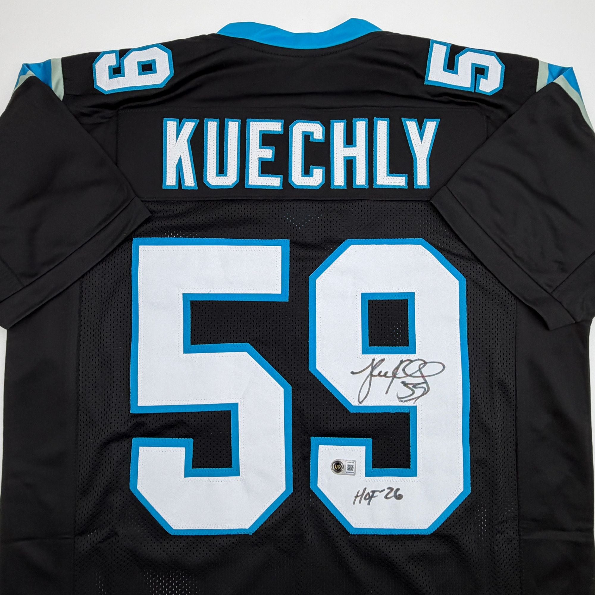 Autographed/Signed Luke Kuechly HOF 26 Carolina Black Football Jersey Beckett BAS COA