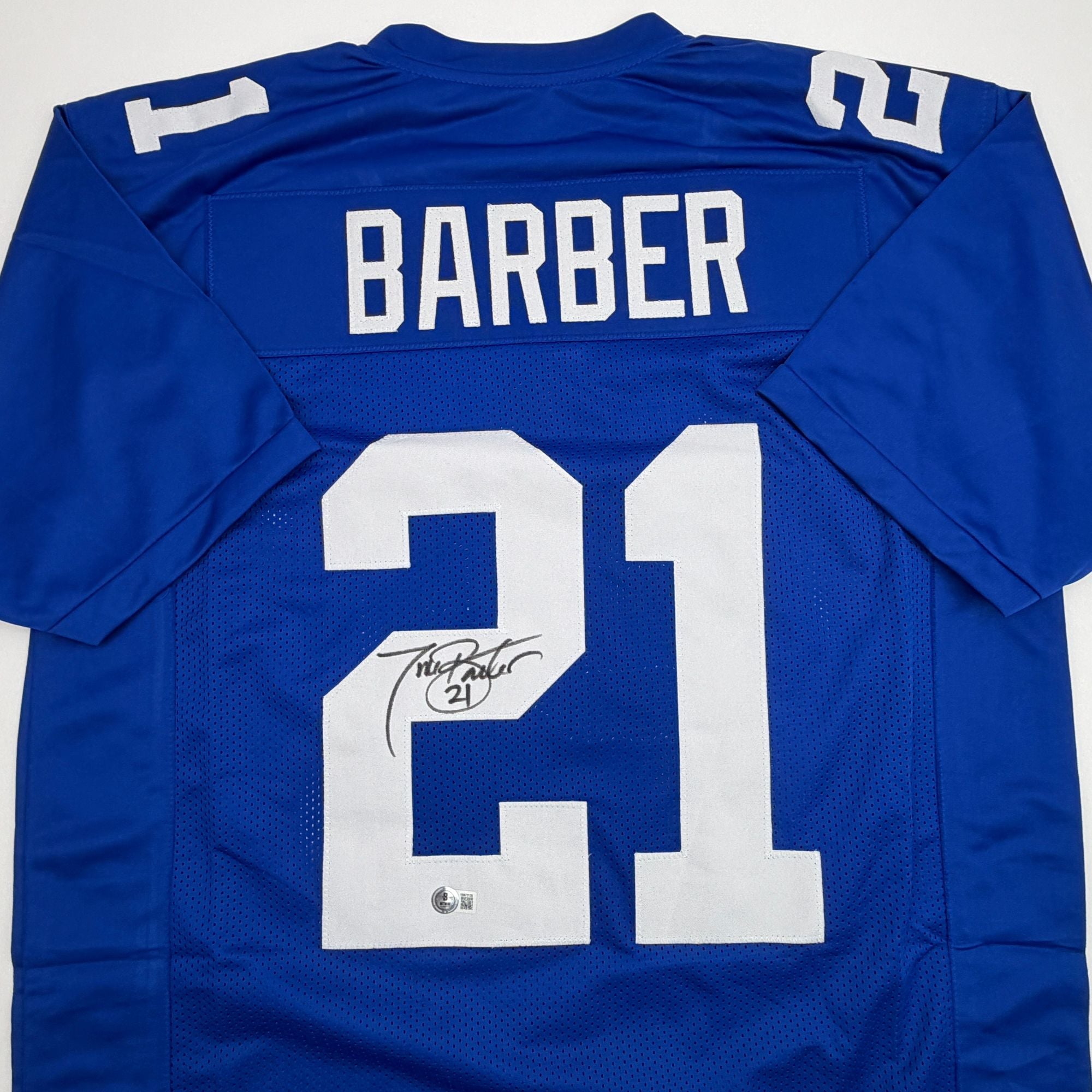 Autographed/Signed Tiki Barber New York Blue Football Jersey Beckett BAS COA