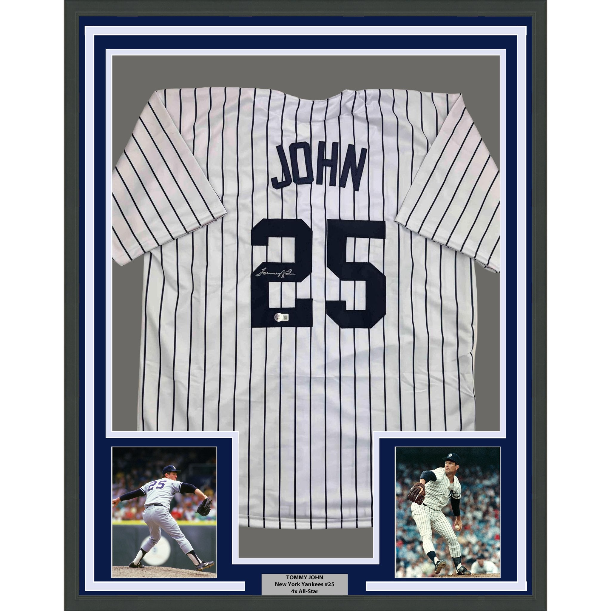 Framed Autographed/Signed Tommy John 35x39 New York Pinstripe Baseball Jersey Beckett BAS COA