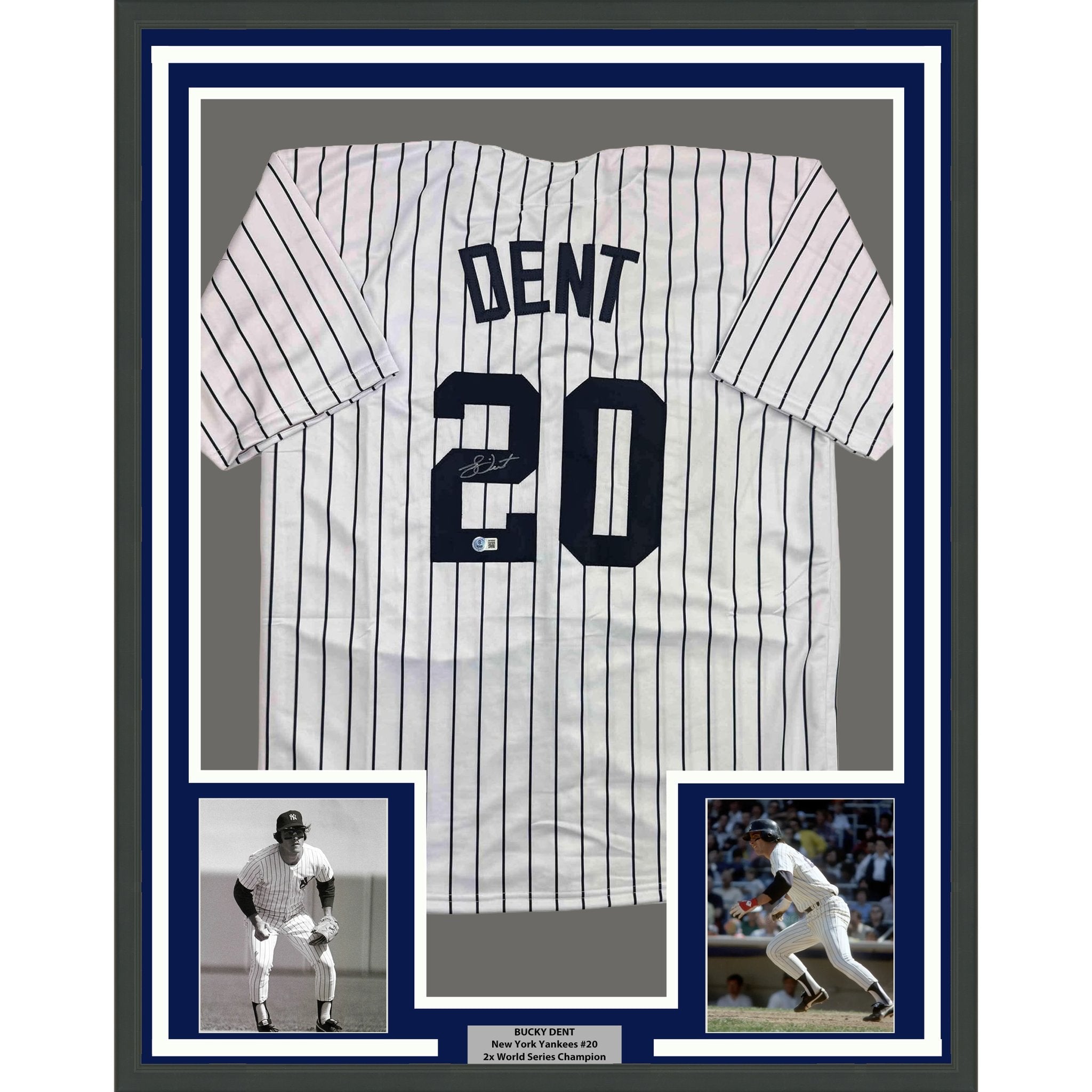 Framed Autographed/Signed Bucky Dent 35x39 New York Pinstripe Baseball Jersey Beckett BAS COA