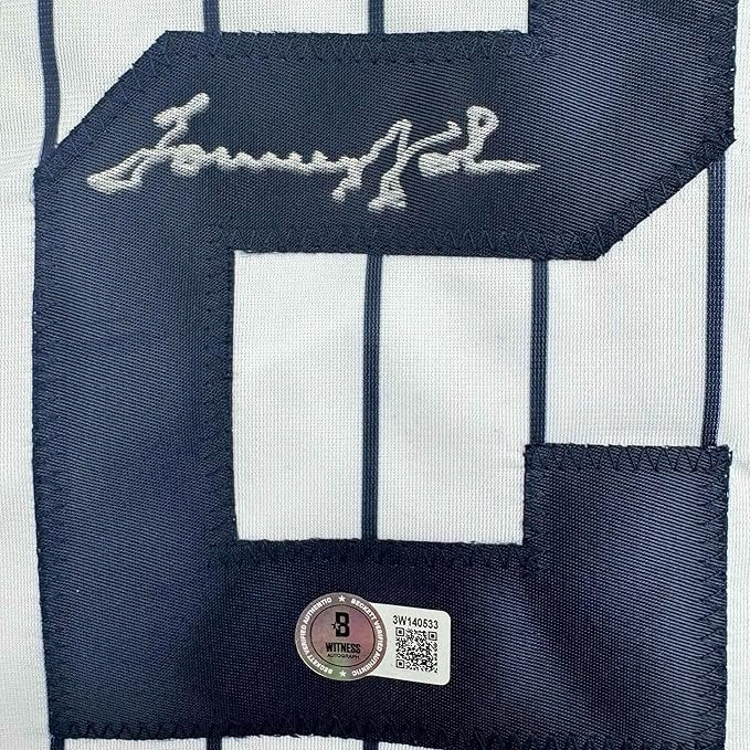 Framed Autographed/Signed Tommy John 35x39 New York Pinstripe Baseball Jersey Beckett BAS COA