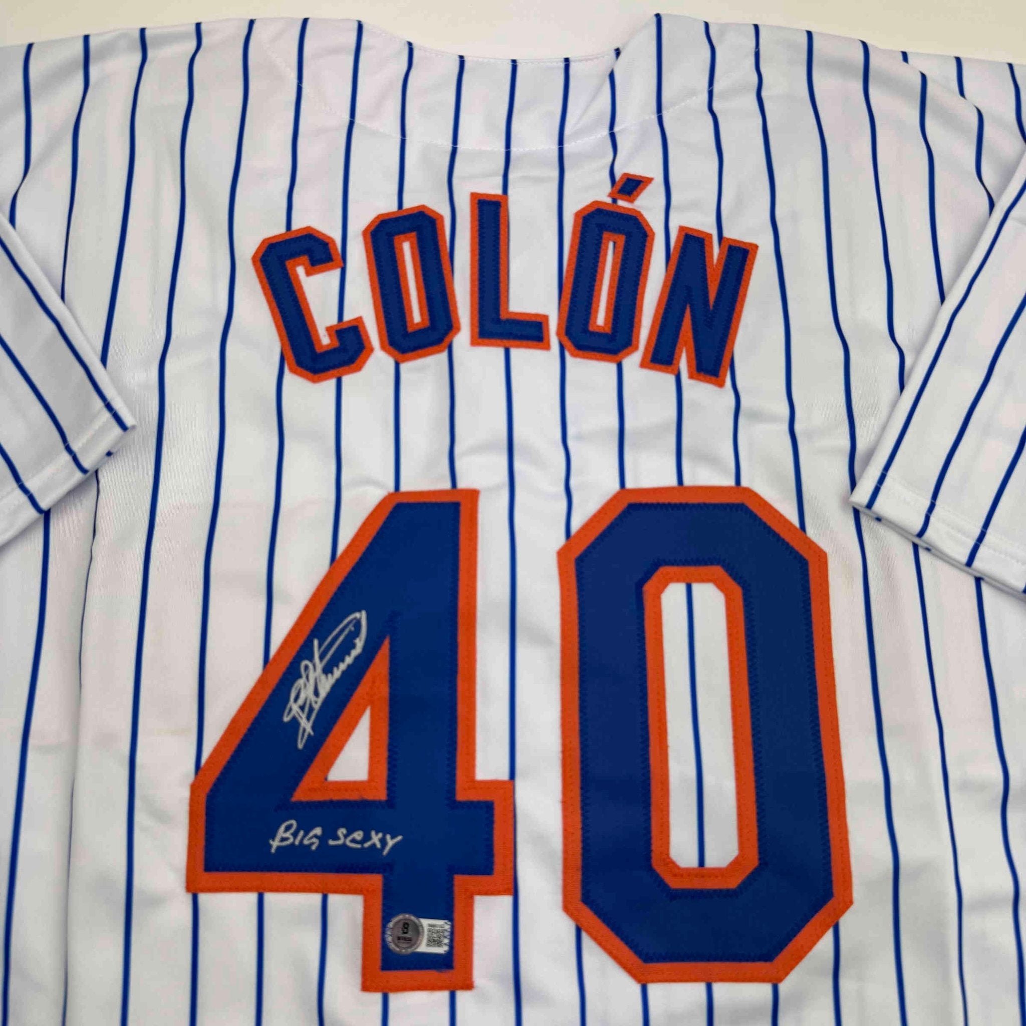 Autographed/Signed Bartolo Colon Inscribed Big Sexy New York Pinstripe Baseball Jersey Beckett BAS COA