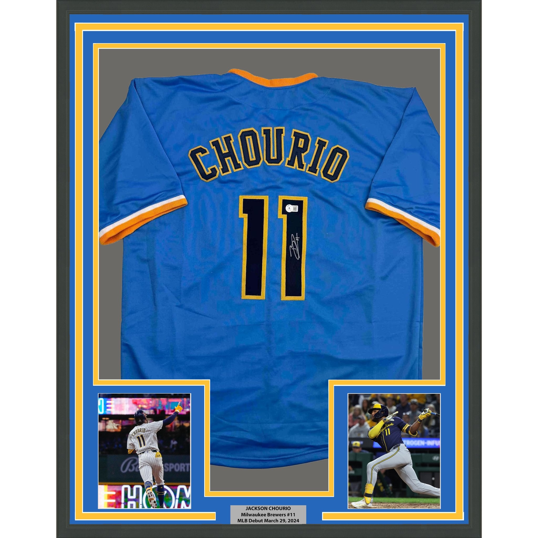 Framed Autographed/Signed Jackson Chourio 35x39 Milwaukee Blue Baseball Jersey Beckett BAS COA