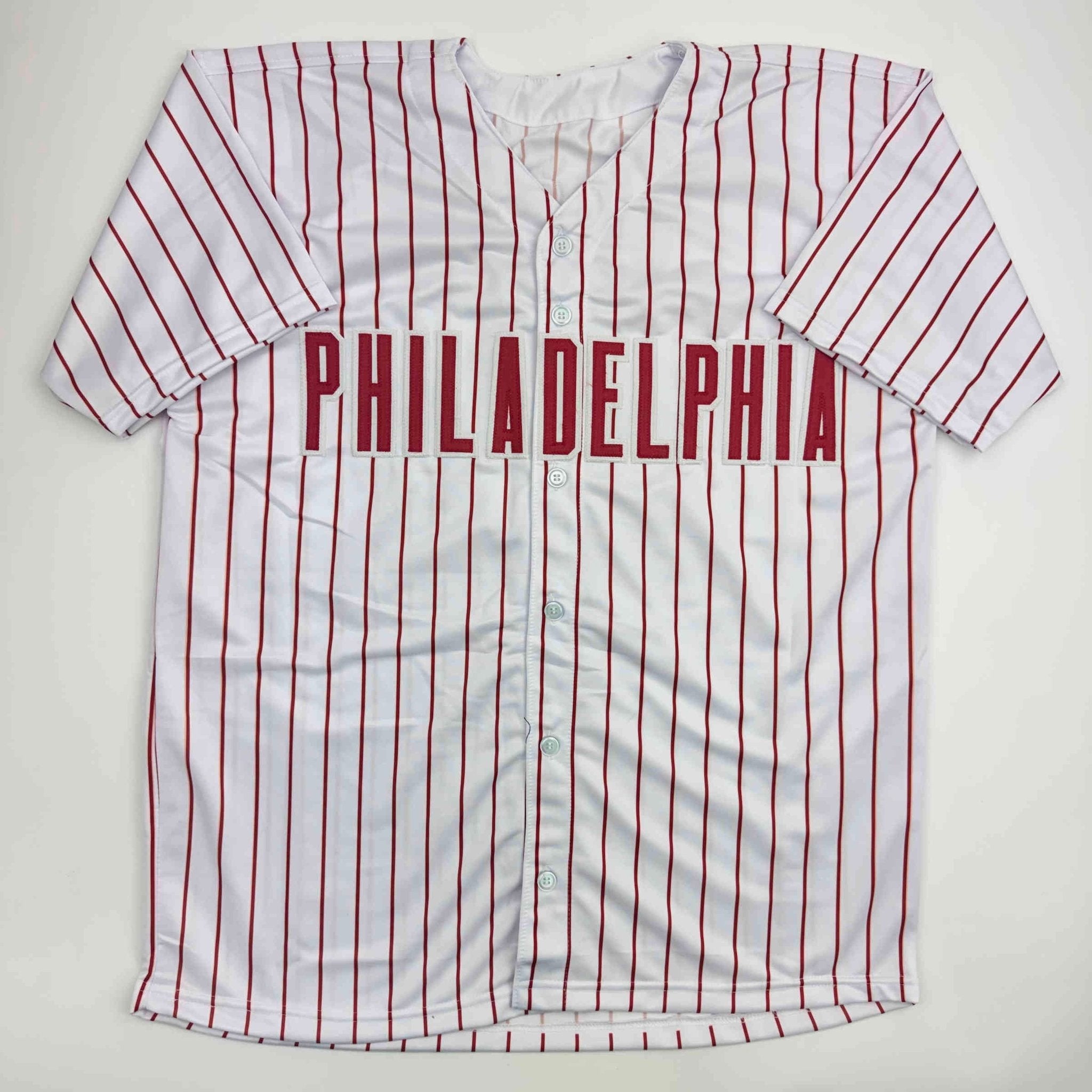 Autographed/Signed Bobby Abreu Philadelphia Pinstripe Baseball Jersey Beckett BAS COA