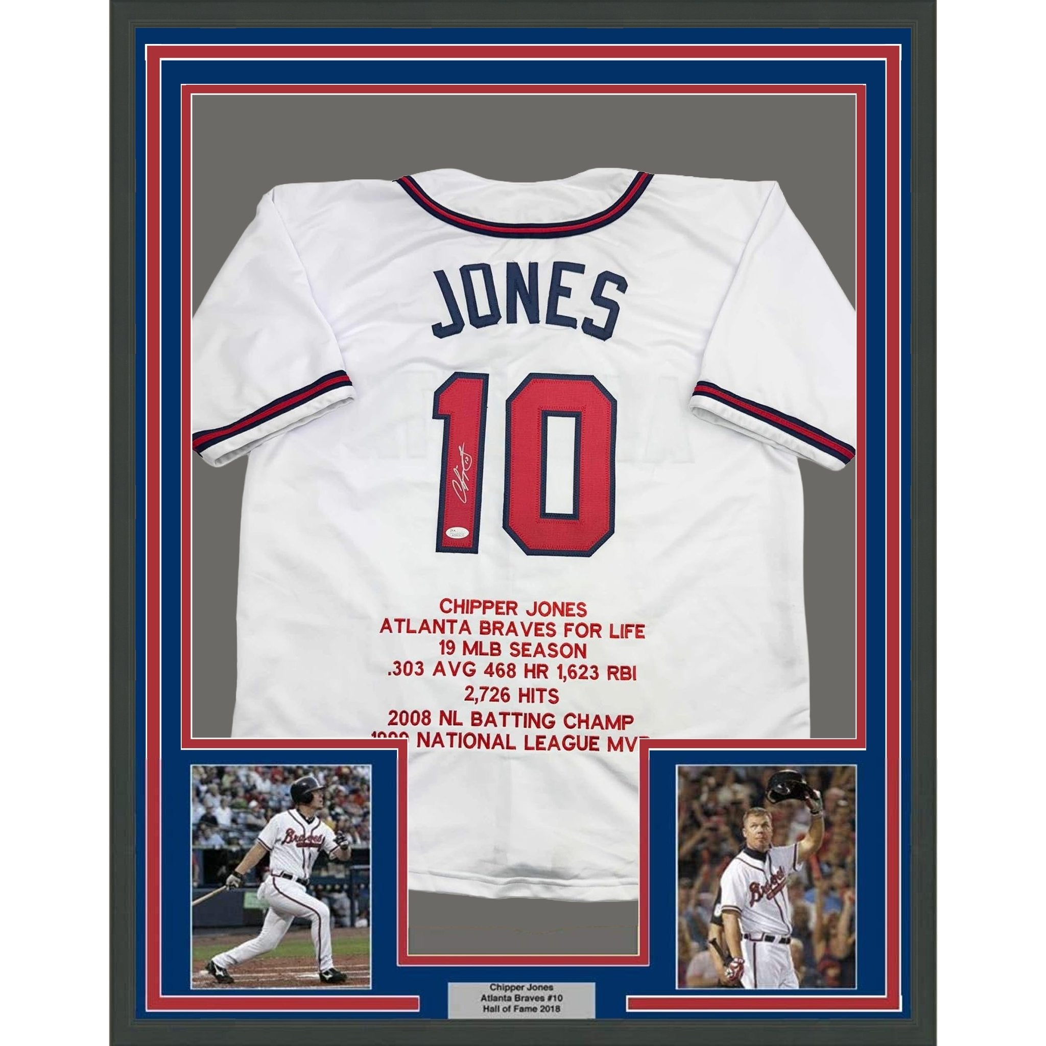 Framed Autographed/Signed Chipper Jones 35x39 Atlanta White Stat Baseball Jersey JSA COA