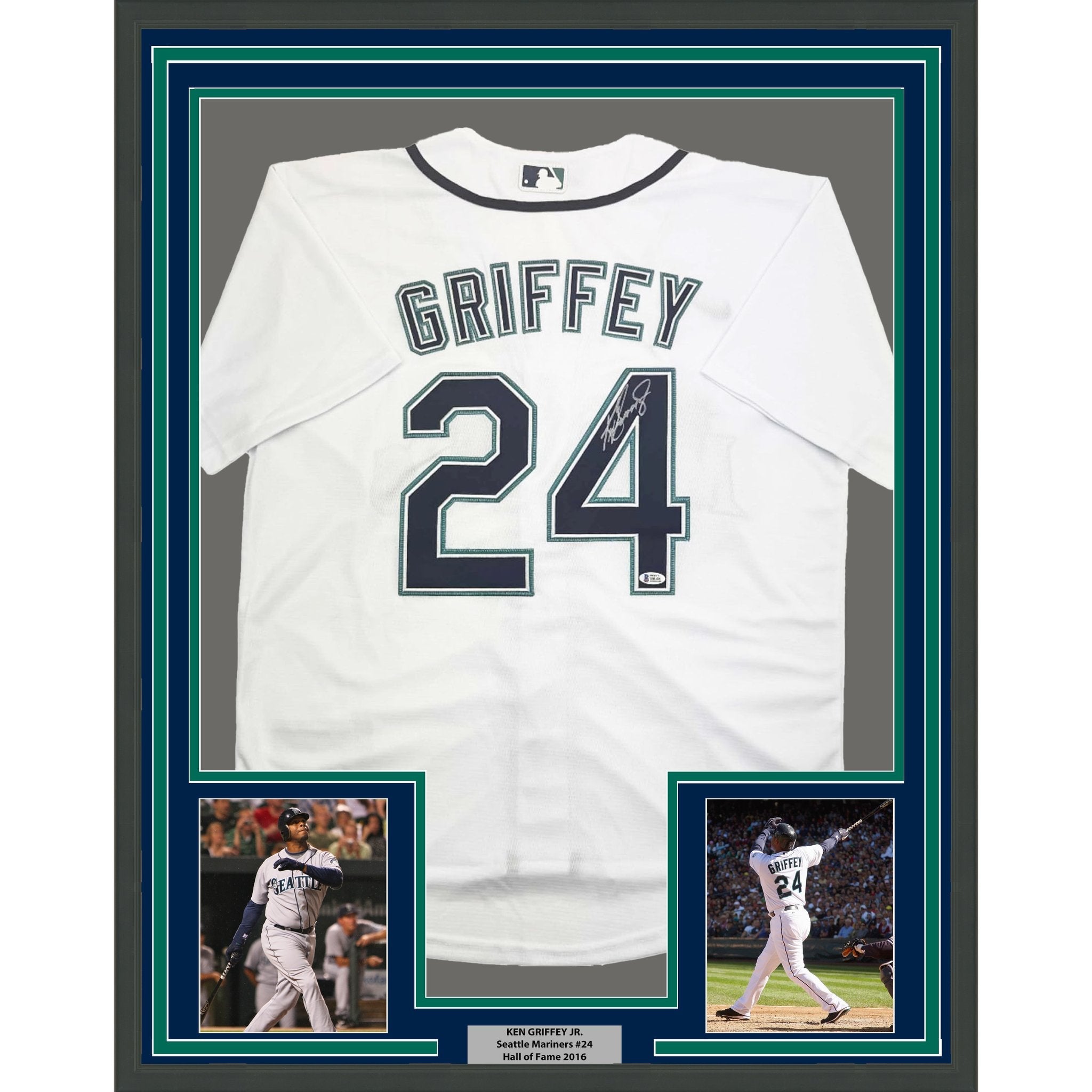 Framed Autographed/Signed Ken Griffey Jr. 35x39 Seattle White Baseball Jersey Beckett BAS COA