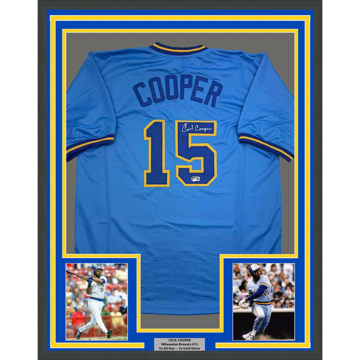 Framed Autographed/Signed Cecil Cooper 35x39 Milwaukee Blue Baseball Jersey Beckett BAS COA