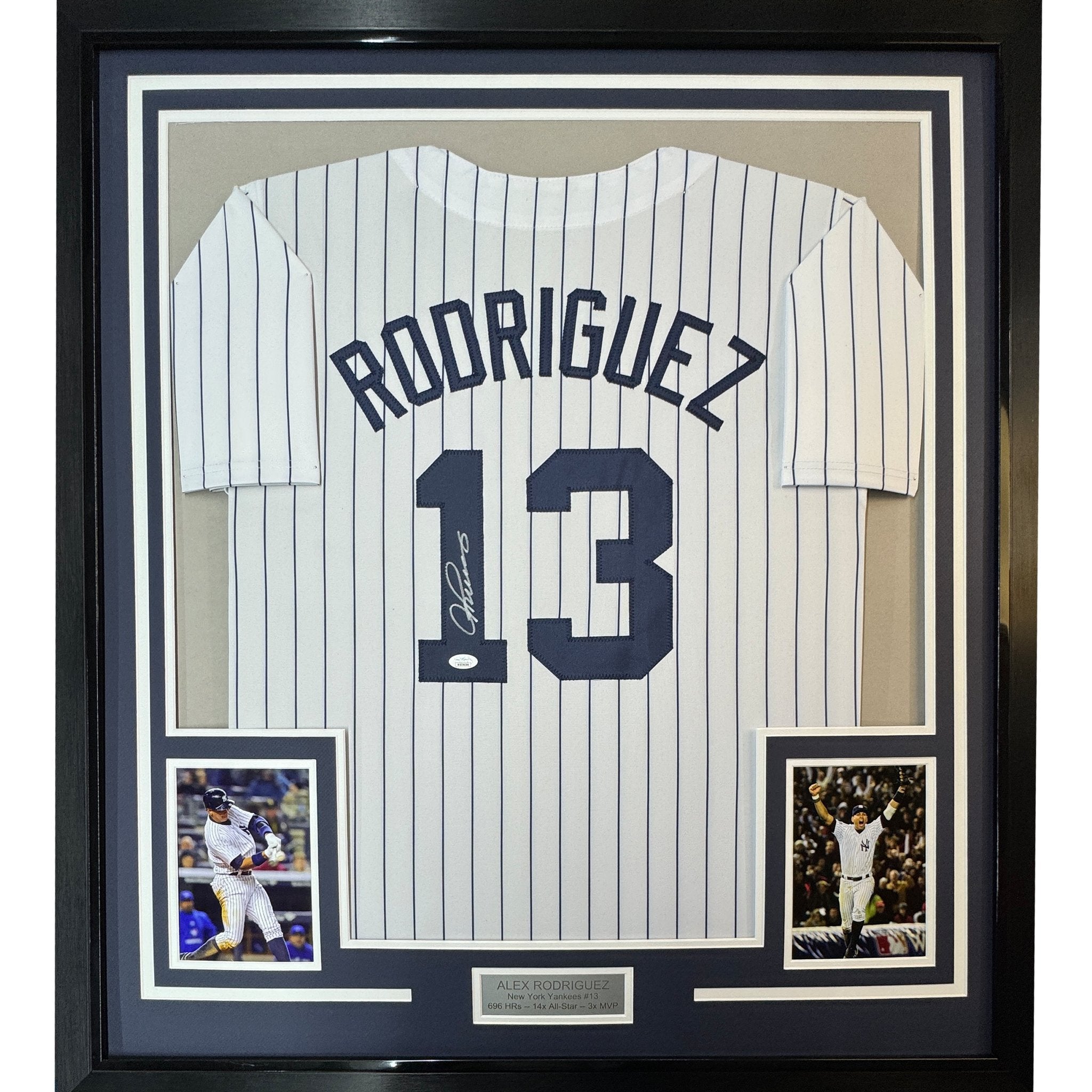 Framed Autographed/Signed Alex Rodriguez 35x39 New York Pinstripe Baseball Jersey JSA COA