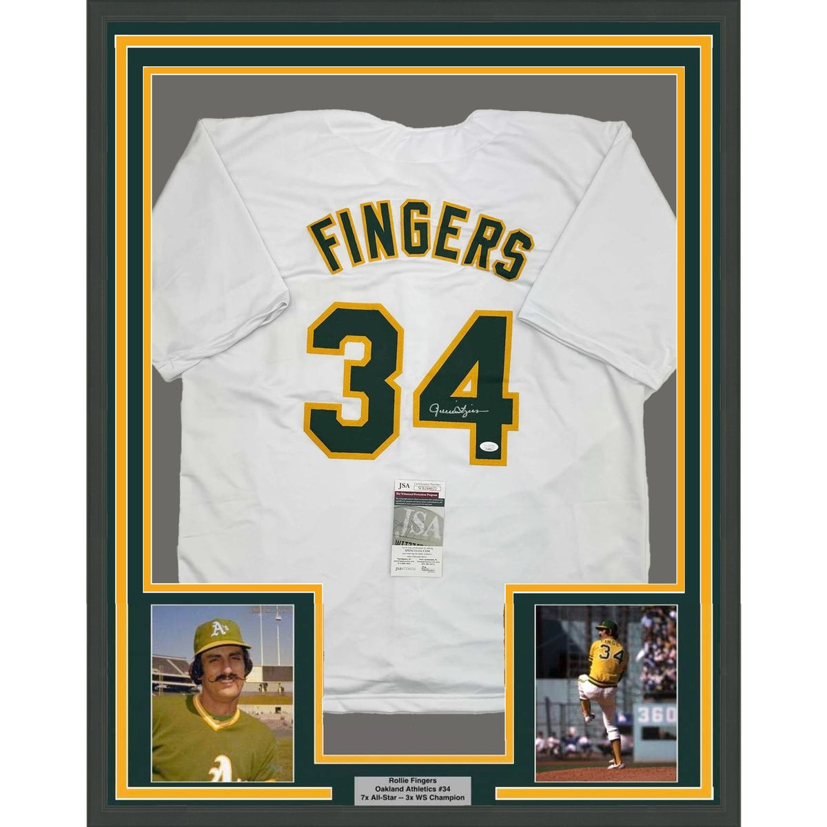 Framed Autographed/Signed Rollie Fingers 35x39 Oakland White Baseball Jersey JSA COA