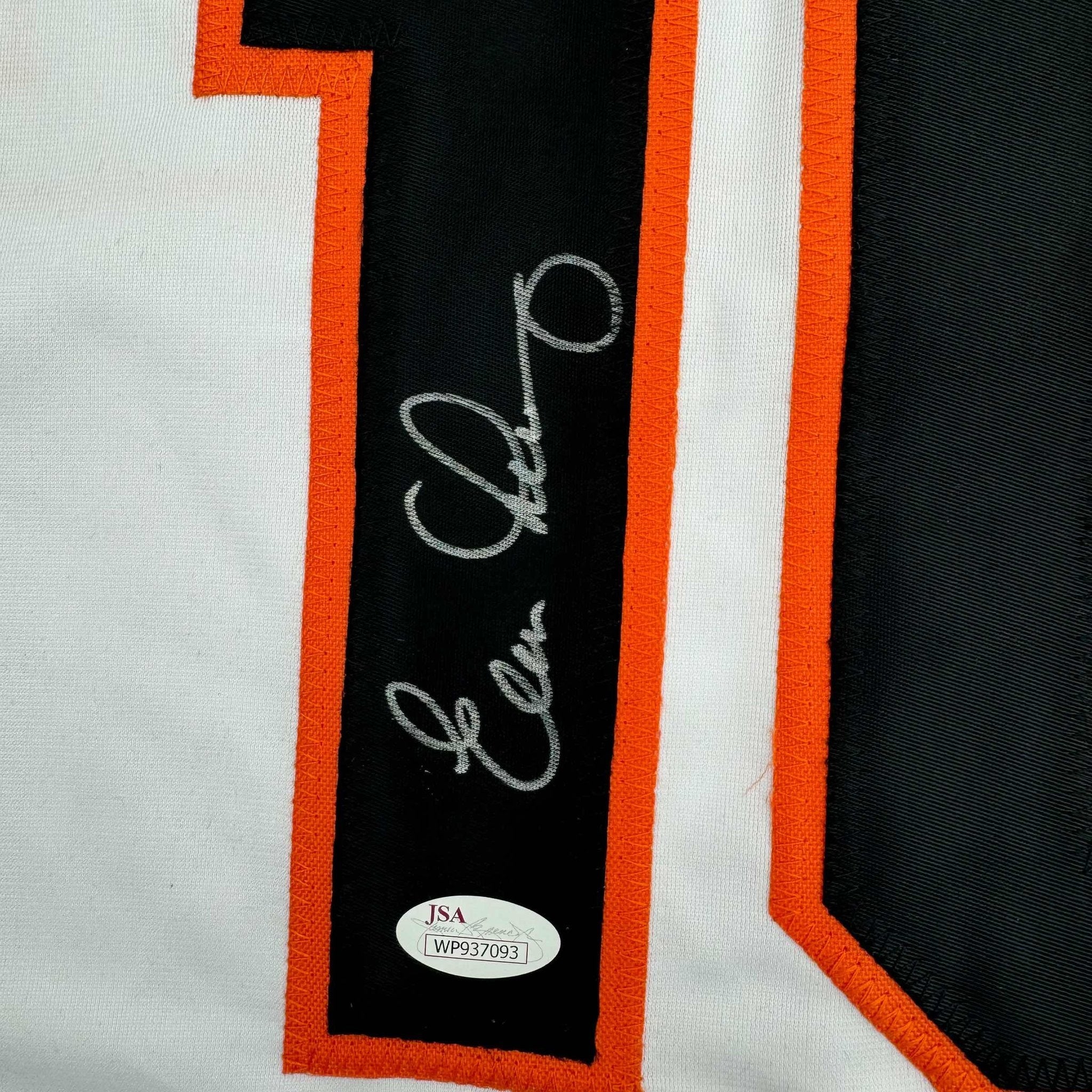 Framed Autographed/Signed Evan Longoria 35x39 San Francisco White Baseball Jersey JSA COA