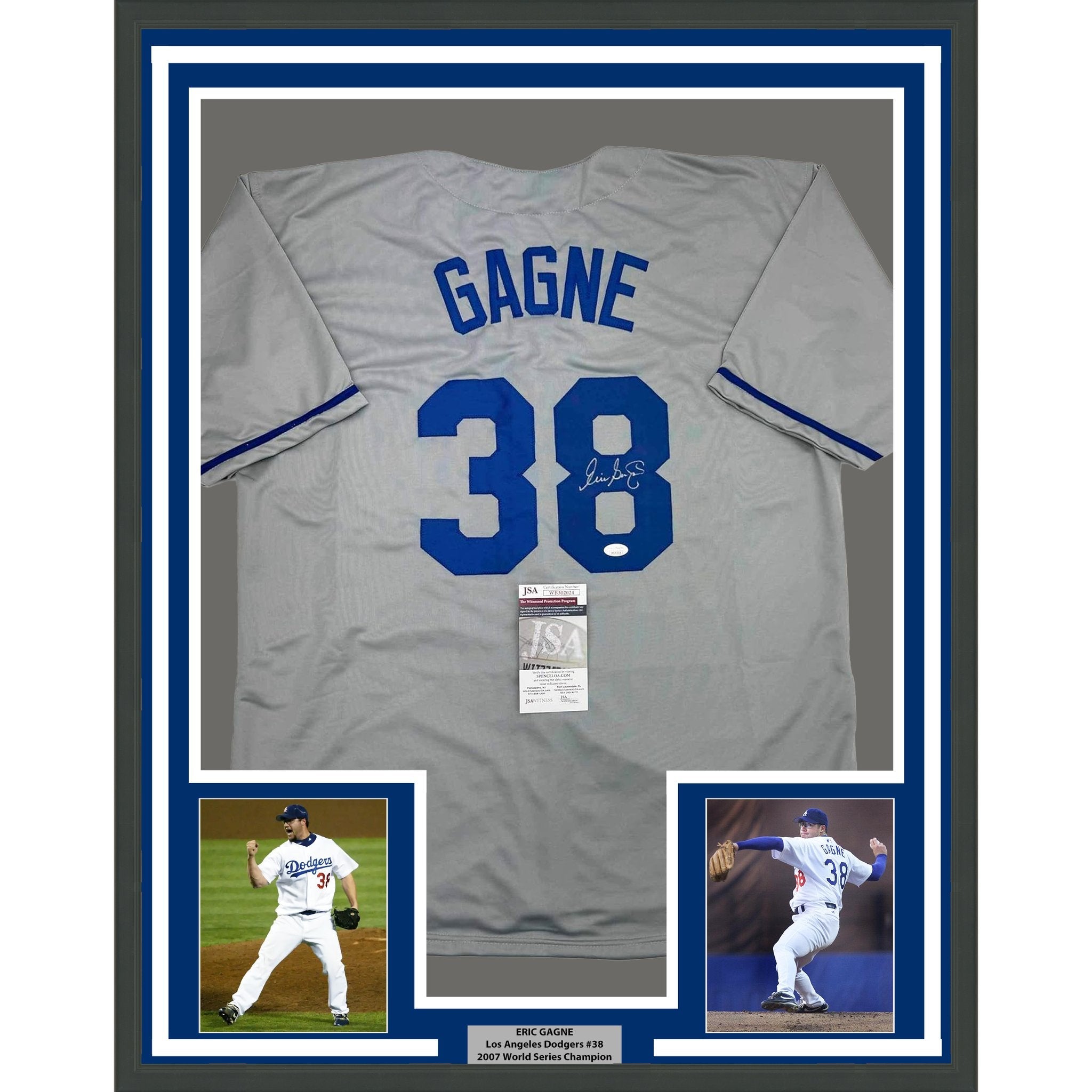 Framed Autographed/Signed Eric Gagne 35x39 Los Angeles LA Grey Baseball Jersey JSA COA