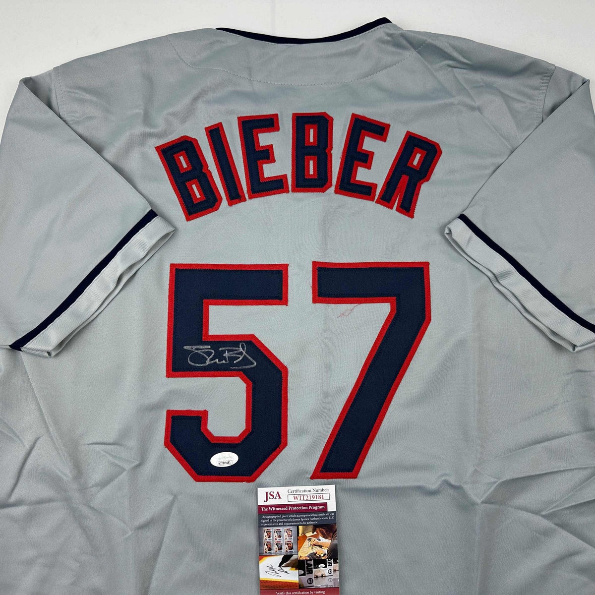Autographed/Signed Shane Bieber Cleveland Grey Baseball Jersey JSA COA