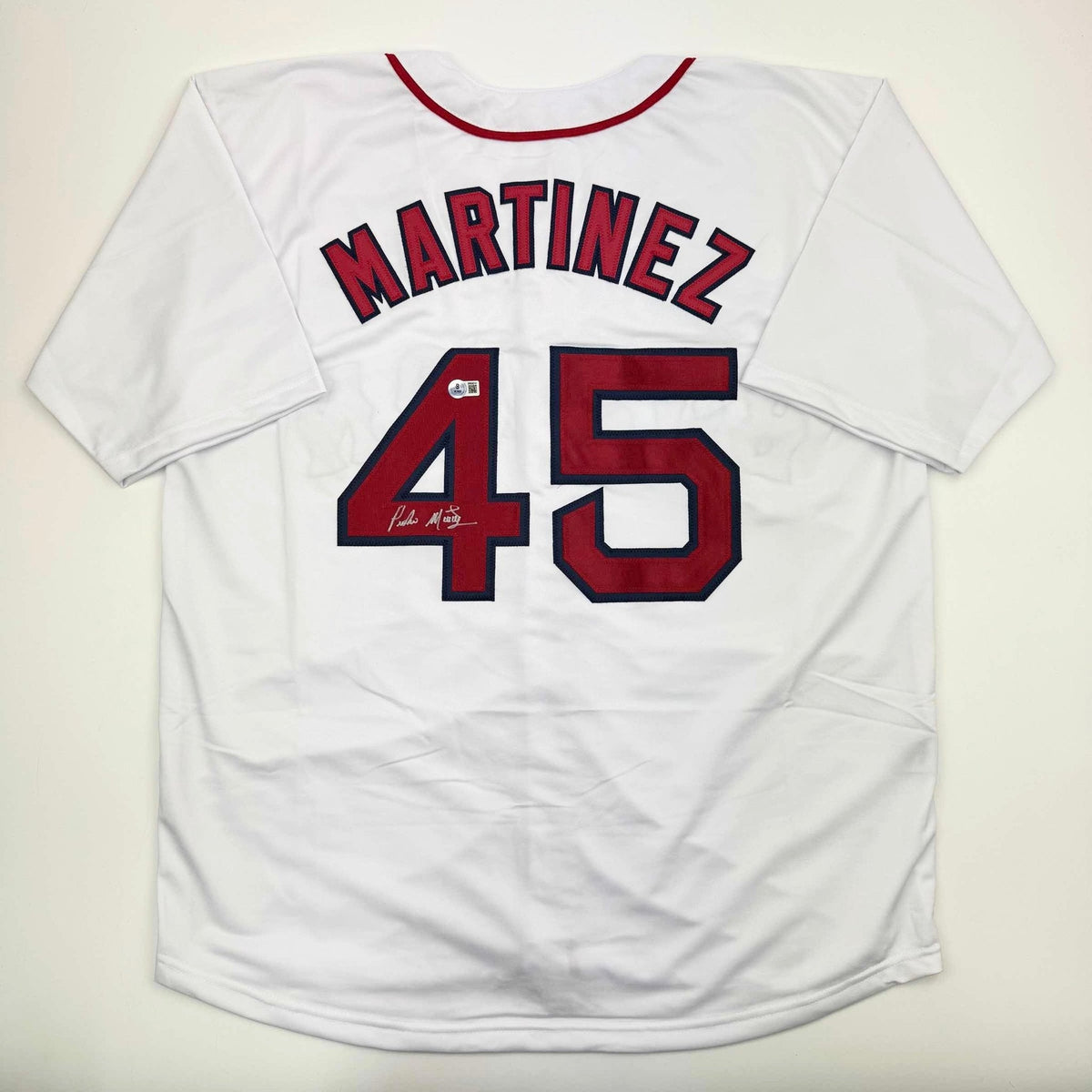 Autographed/Signed Pedro Martinez Boston White Baseball Jersey Beckett BAS COA