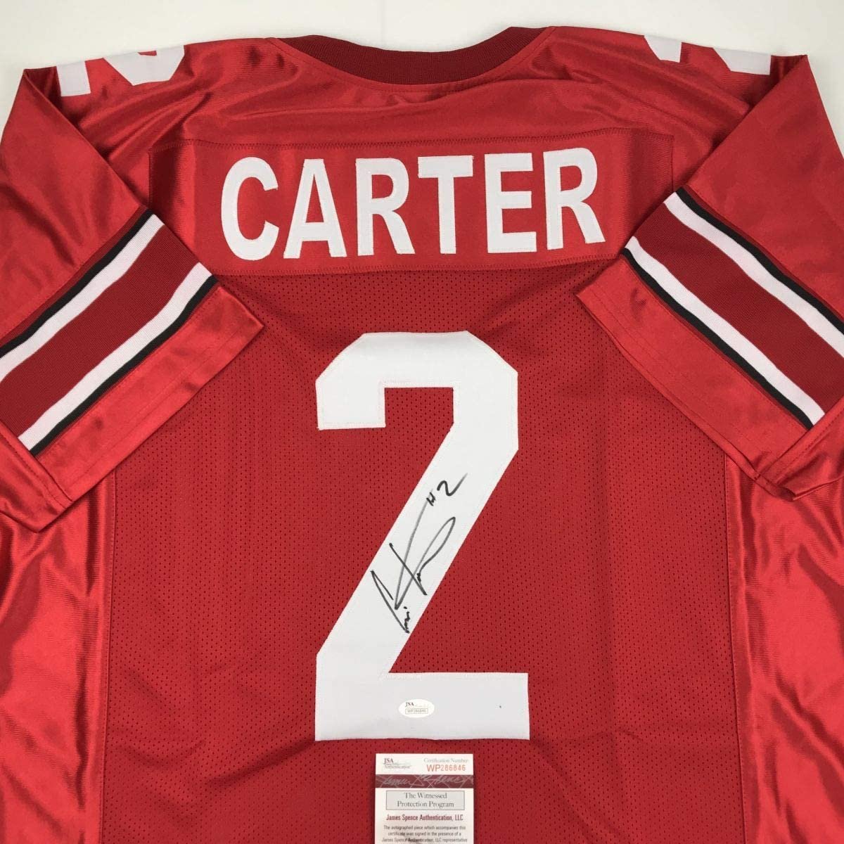 Autographed/Signed Cris Carter Ohio State Red College Football Jersey JSA COA