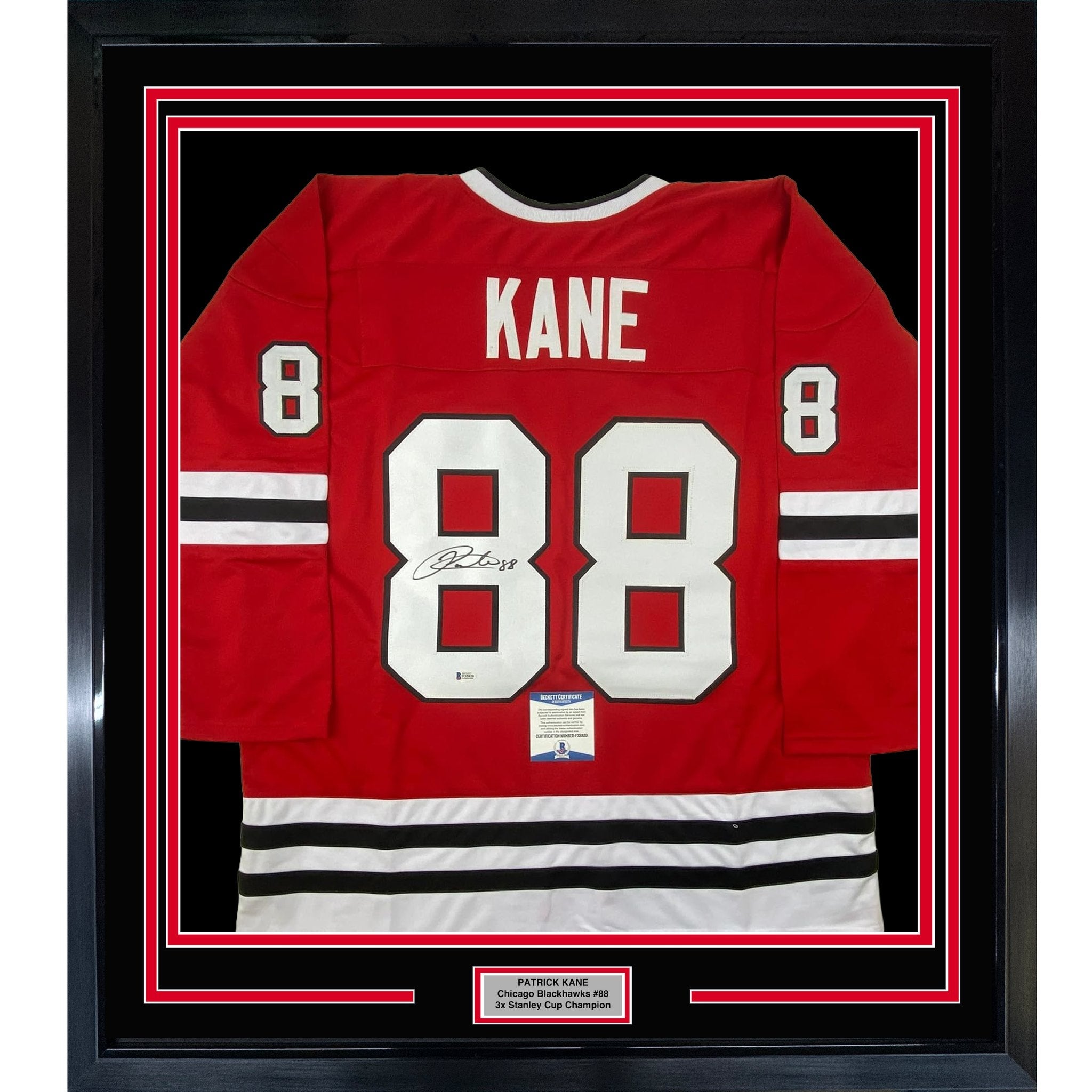 Framed Autographed/Signed Patrick Kane 35x39 Chicago Red Hockey Jersey Beckett BAS COA