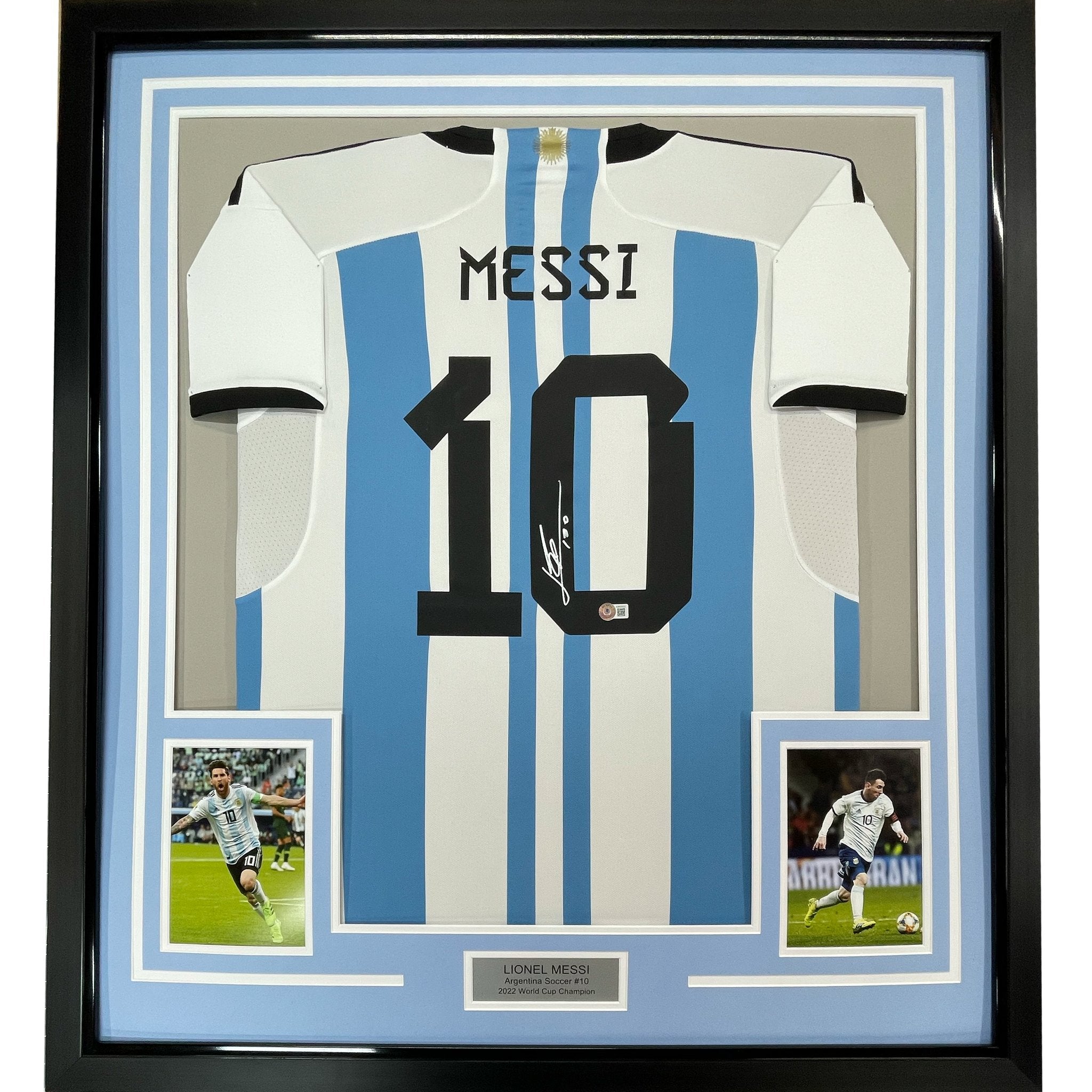Framed Autographed/Signed Lionel Leo Messi 35x39 Argentina Blue Soccer Jersey Beckett BAS COA