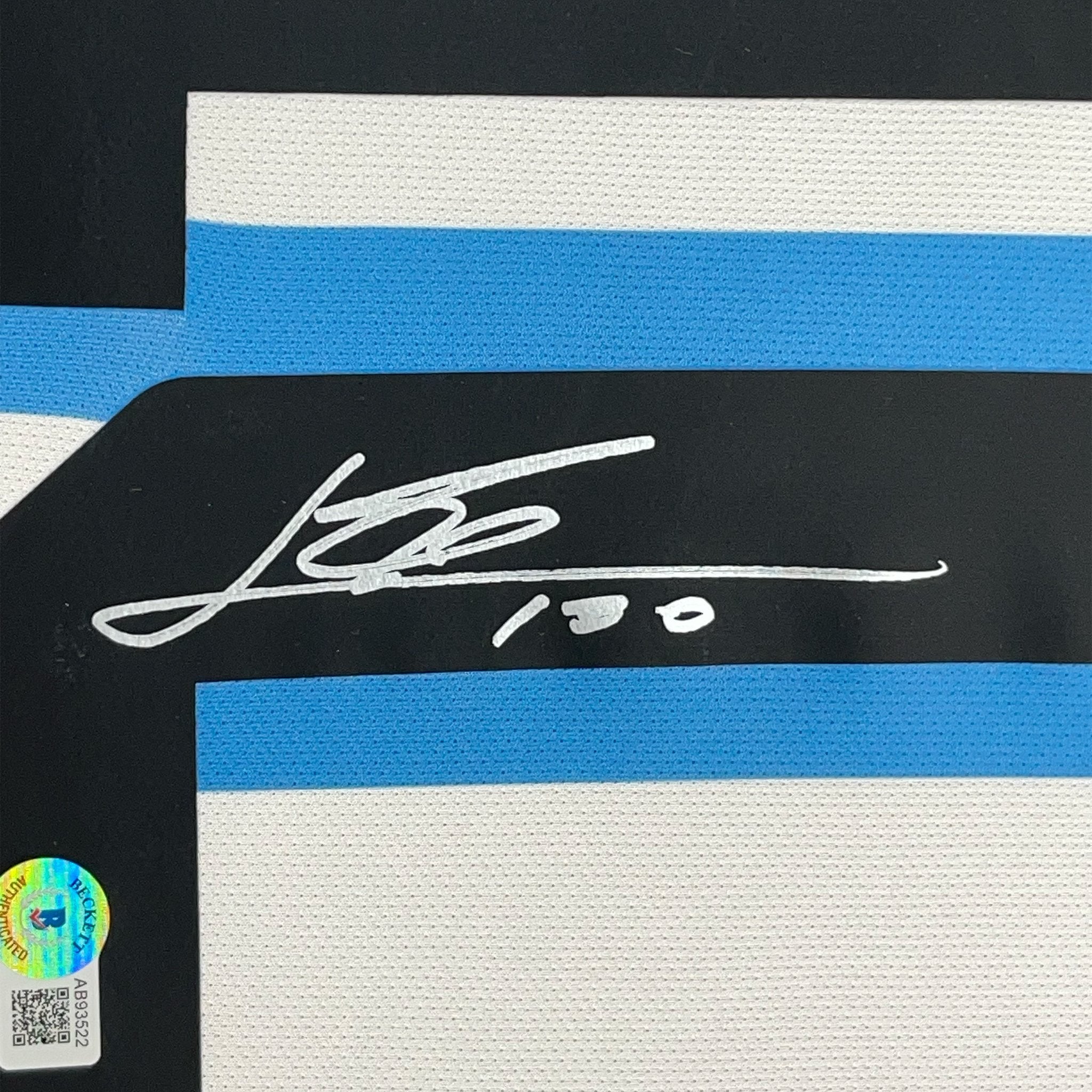 Framed Autographed/Signed Lionel Leo Messi 35x39 Argentina Blue Soccer Jersey Beckett BAS COA