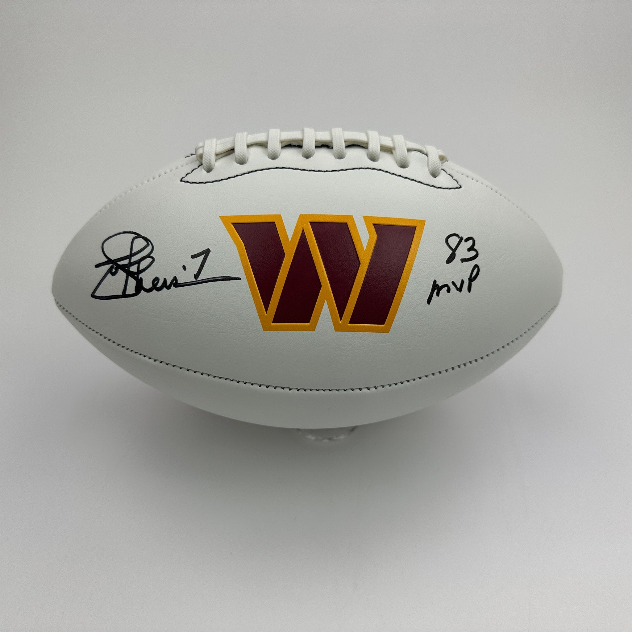 Autographed/Signed Joe Theismann 83 MVP Washington Commanders Full Size F/S White Panel Logo Football Beckett BAS COA