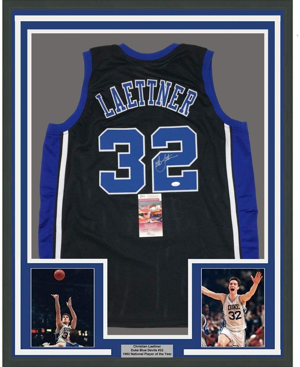 Framed Autographed/Signed Christian Laettner 35x39 Duke Blue Devils Black College Basketball Jersey JSA COA
