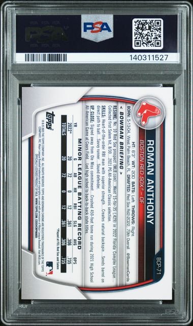 Graded 2023 Topps Bowman Roman Anthony #BCP71 /250 Chrome Prospects Purple Refractor Rookie RC Baseball Card PSA 9 Mint
