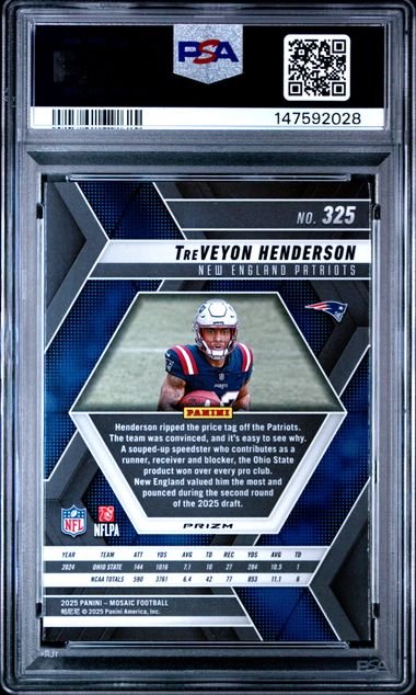 Graded 2025 Panini Mosaic TreVeyon Henderson #325 Reactive Yellow Rookie RC Football Card PSA 10 Gem Mint