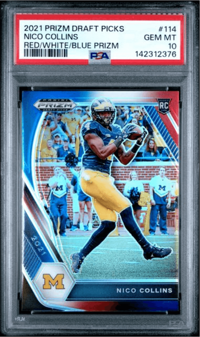Graded 2021 Panini Prizm Draft Picks Nico Collins #114 Red/White/Blue Prizm Rookie RC Football Card PSA 10 Gem Mint
