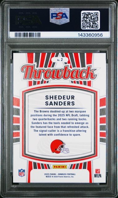 Graded 2025 Panini Donruss Shedeur Sanders #2 Rated Rookies Throwback Rookie RC Football Card PSA 10 Gem Mint