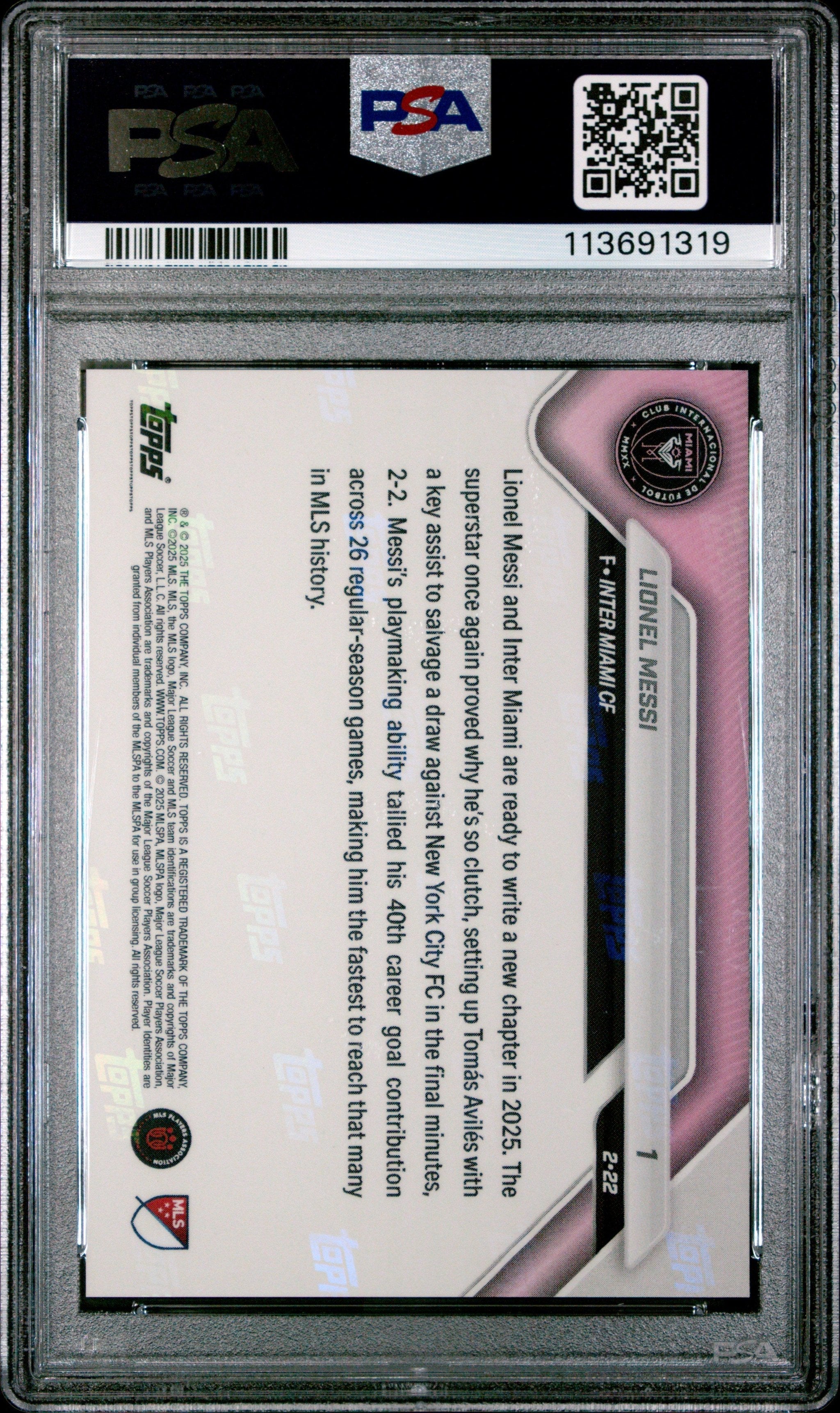 Graded 2025 Topps Now Lionel Messi #1 Fastest MLS Player to 40 Goal Contributions Soccer Card PSA 10 Gem Mint