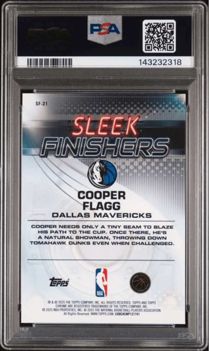 Graded 2025 Topps Chrome Cooper Flagg #SF21 Sleek Finishers Rookie RC Basketball Card PSA 10 Gem Mint