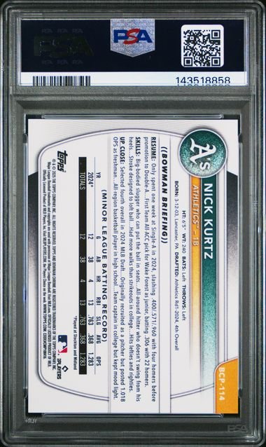 Graded 2025 Bowman Chrome Nick Kurtz #BCP114 /50 Gold Geometric Rookie RC Baseball Card PSA 9 Mint