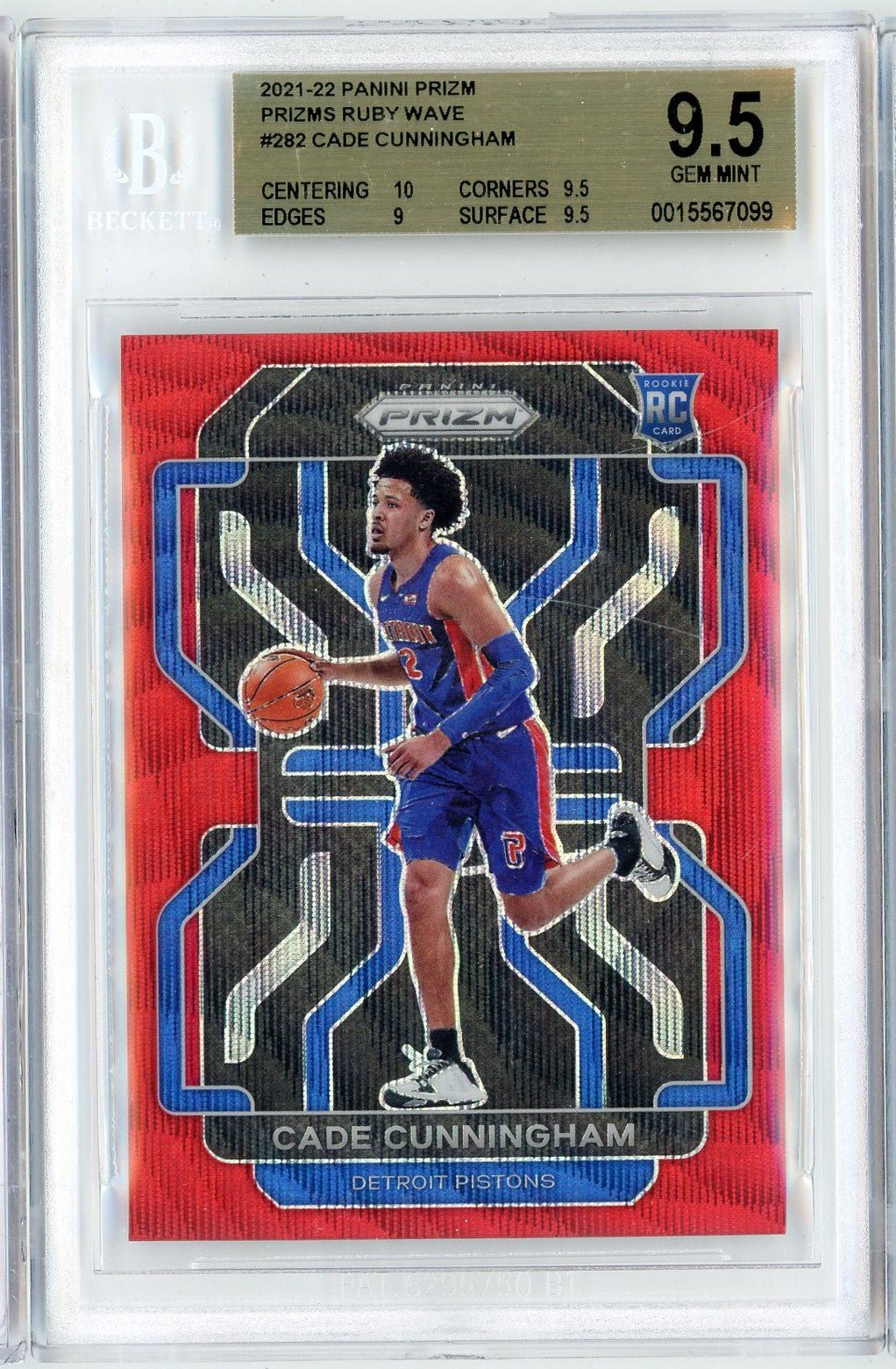 Graded 2021 Panini Prizm Cade Cunningham #282 Ruby Wave Rookie RC Basketball Card BGS 9.5 Gem Mint