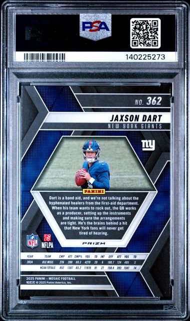 Graded 2025 Panini Mosaic Jaxson Dart #362 Red & White Stripe Rookie RC Football Card PSA 10 Gem Mint