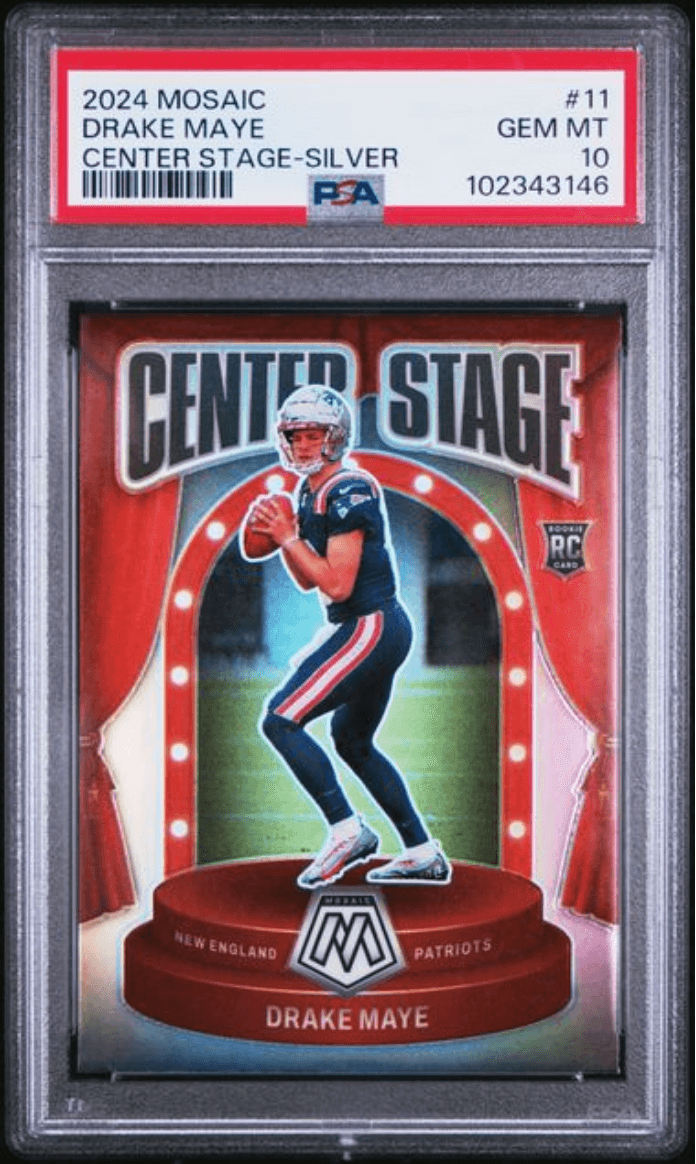 Graded 2024 Panini Mosaic Drake Maye #11 Center Stage Silver Rookie RC Football Card PSA 10 Gem Mint