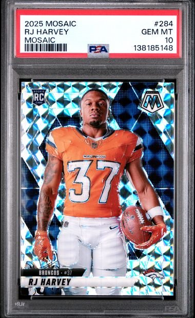 Graded 2025 Panini Mosaic RJ Harvey #284 Mosaic Variation Rookie RC Football Card PSA 10 Gem Mint