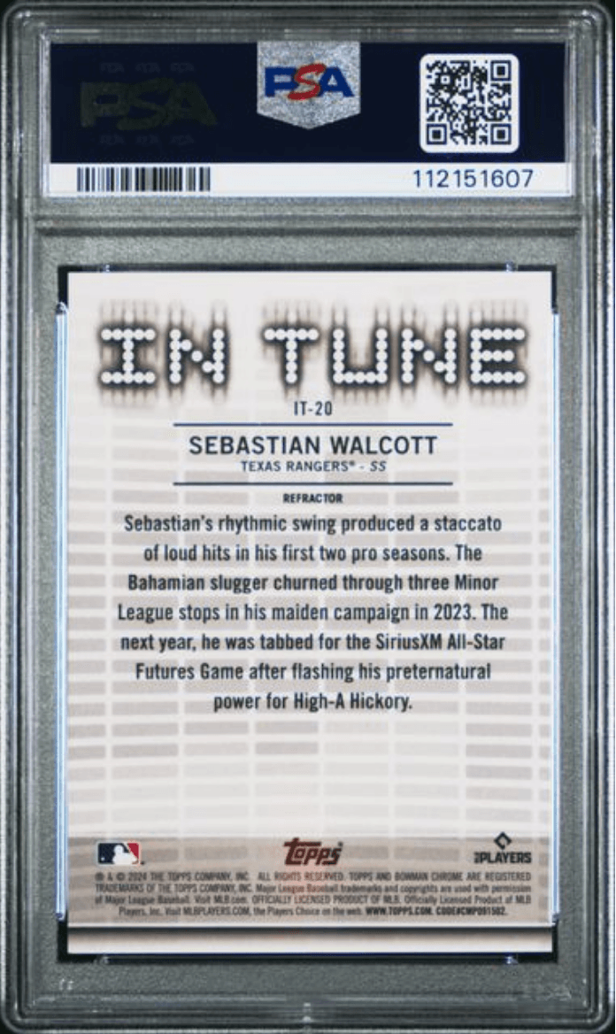 Graded 2024 Topps Bowman Draft Sebastian Walcott #IT20 In Tune Refractor /250 Rookie RC Baseball Card PSA 10 Gem Mint