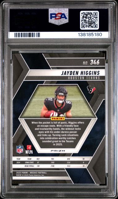 Graded 2025 Panini Mosaic Jayden Higgins #346 Red & White Stripe Rookie RC Football Card PSA 10 Gem Mint