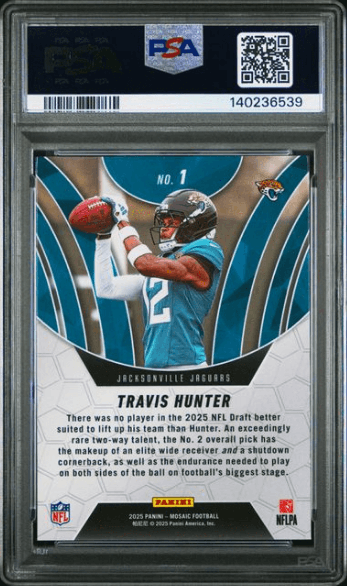 Graded 2025 Panini Mosaic Travis Hunter #1 Elevate Mosaic Rookie RC Football Card PSA 10 Gem Mint