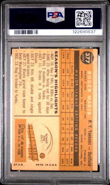 Graded 1960 Topps Roger Maris #377 Baseball Card PSA 4 VG-EX