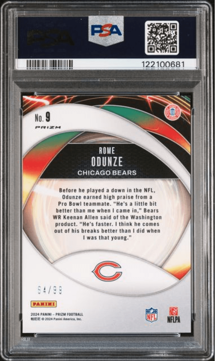 Graded 2024 Panini Prizm Rome Odunze #9 Portals Blue Ice /99 Rookie RC Football Card PSA 10 Gem Mint