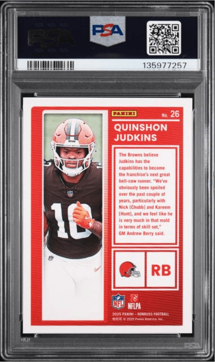 Graded 2025 Panini Donruss Quinshon Judkins #26 The Rookies Rookie RC Football Card PSA 10 Gem Mint