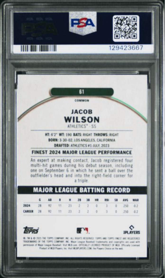 Graded 2025 Topps Finest Jacob Wilson #61 Rookie RC Baseball Card PSA 10 Gem Mint