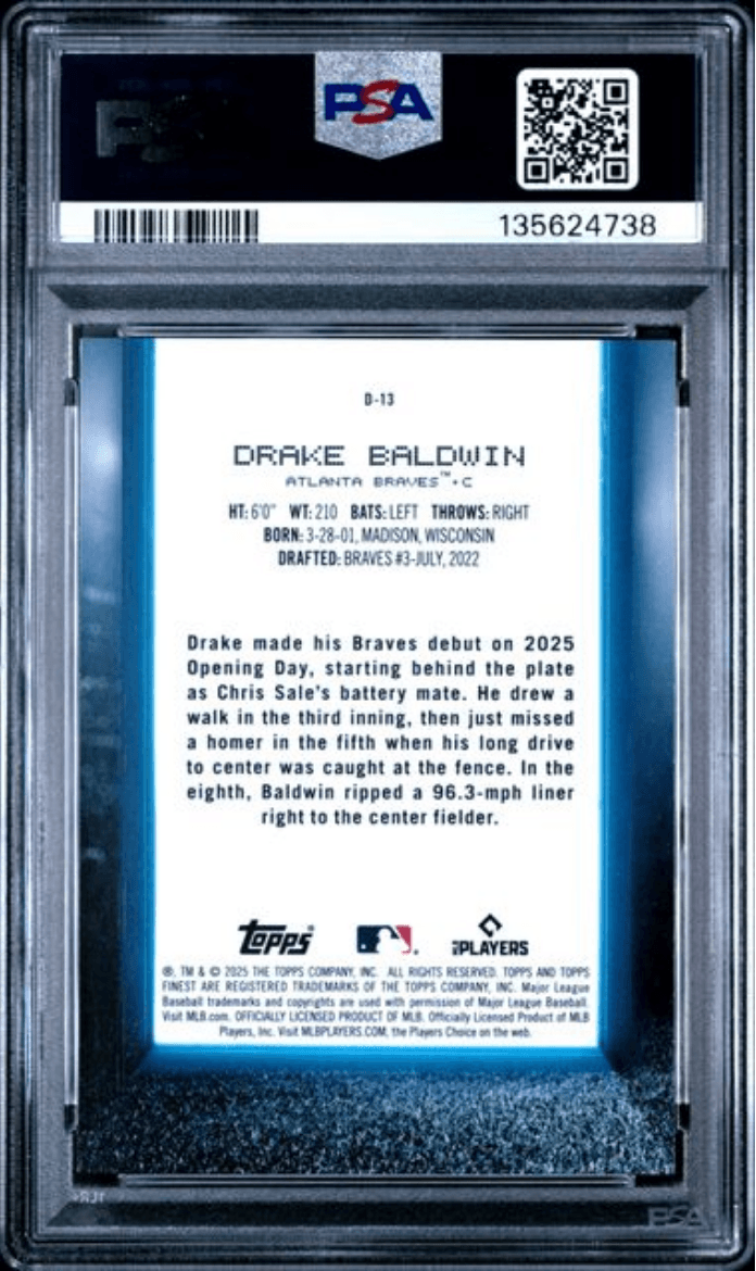 Graded 2025 Topps Finest Drake Baldwin #D13 Debut Green Refractor /75 Rookie RC Baseball Card PSA 10 Gem Mint