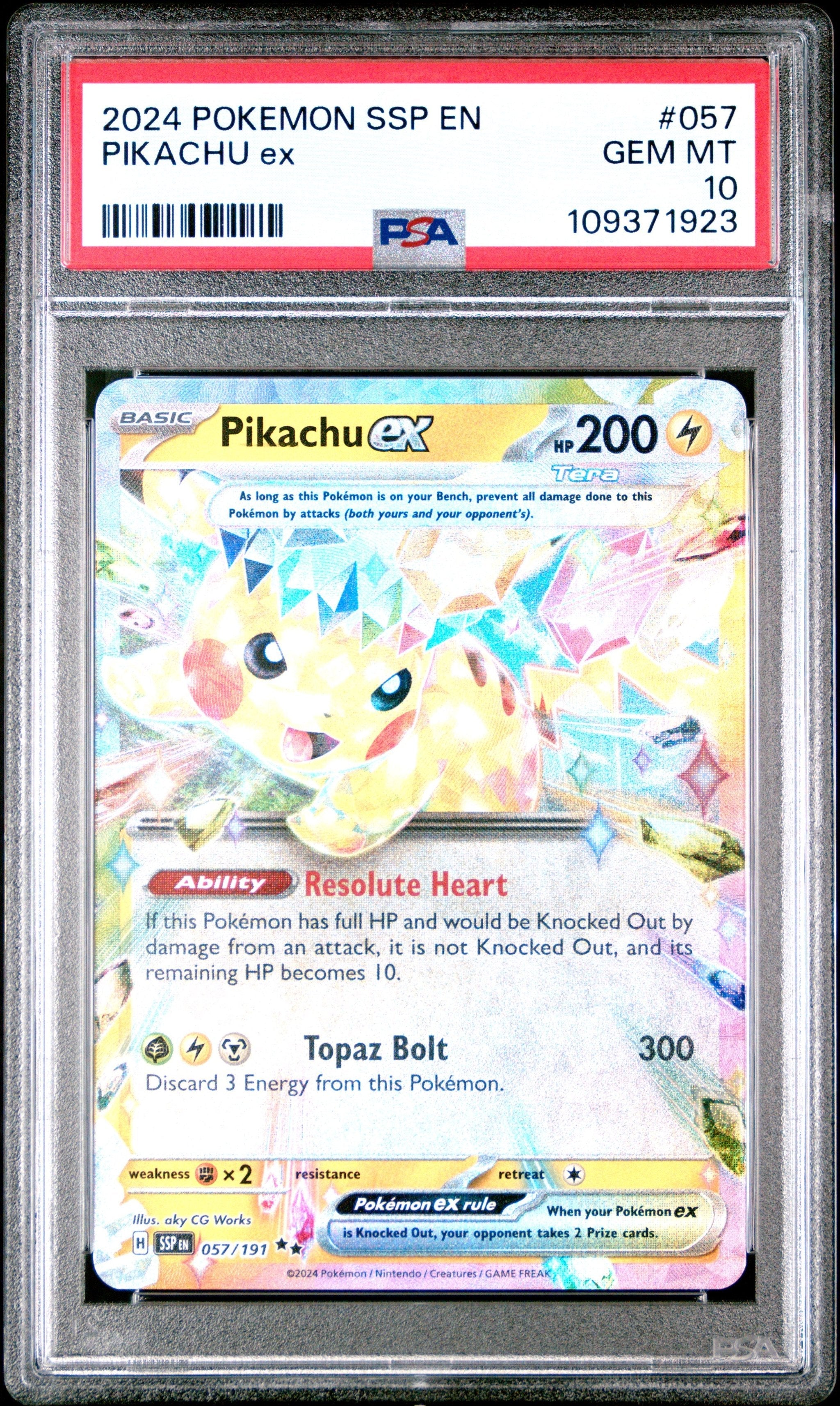 Graded 2024 PKM Ssp En-Surging Sparks #057 Pikachu Ex Trading Card Game PSA 10 Gem Mint
