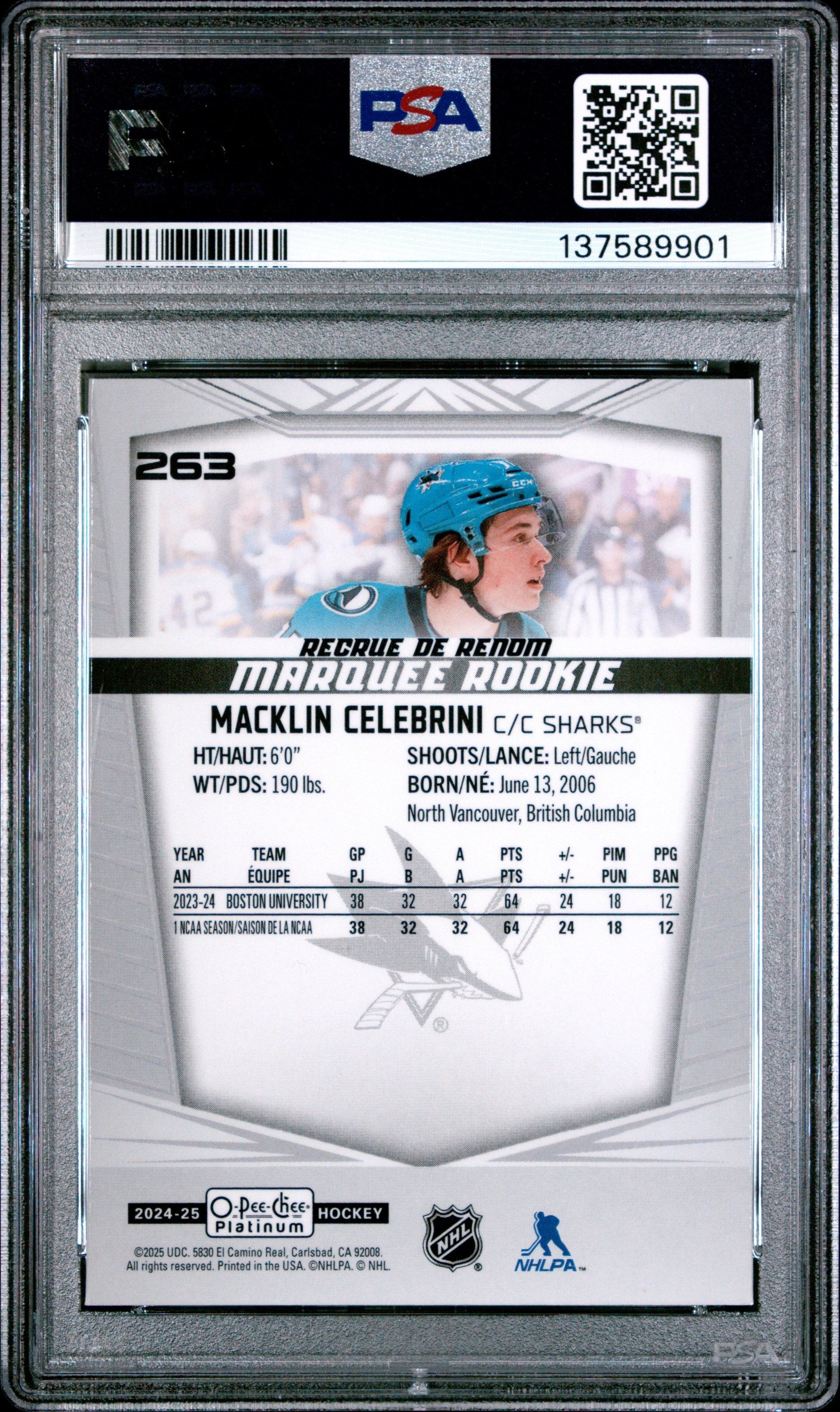 Graded 2024 O-Pee-Chee Platinum Macklin Celebrini #263 Rookie RC Hockey Card PSA 10 Gem Mint